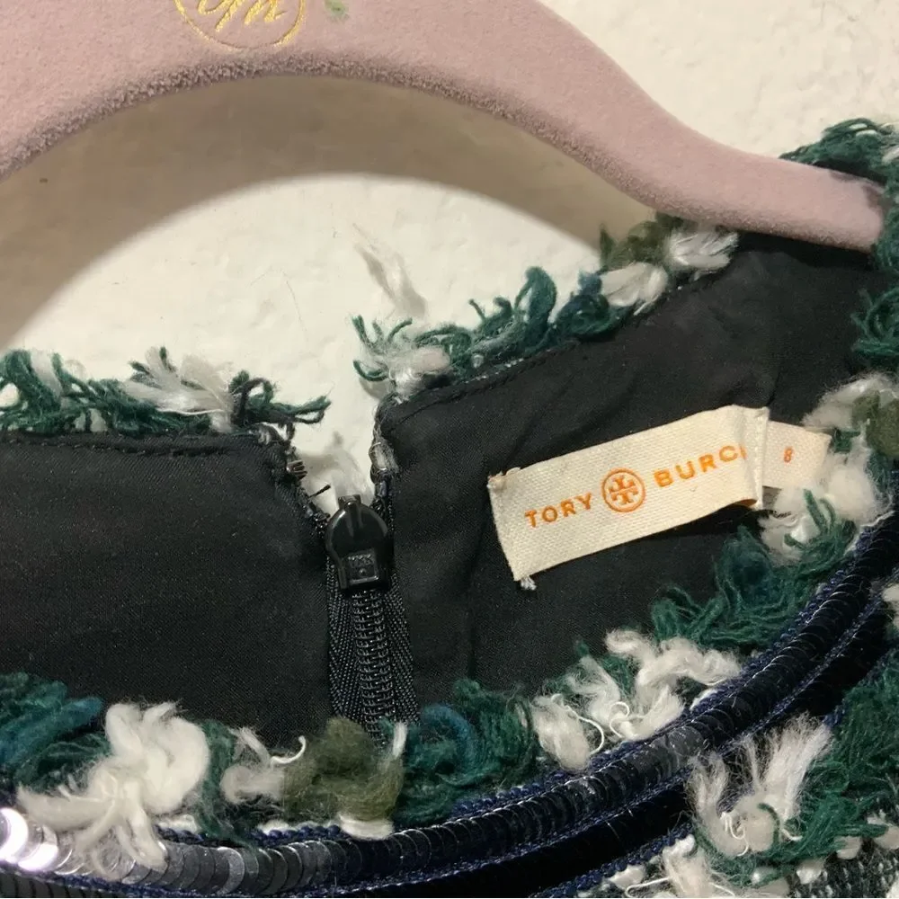 TORY BURCH Norfolk Green Black/Green Tweed Cap Sleeves A-line Sequin Dress $395